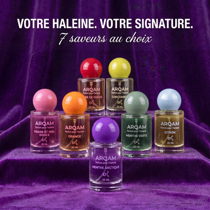 Parfum pour l'Haleine d'ARQAM — les 7 saveurs sur velours violet