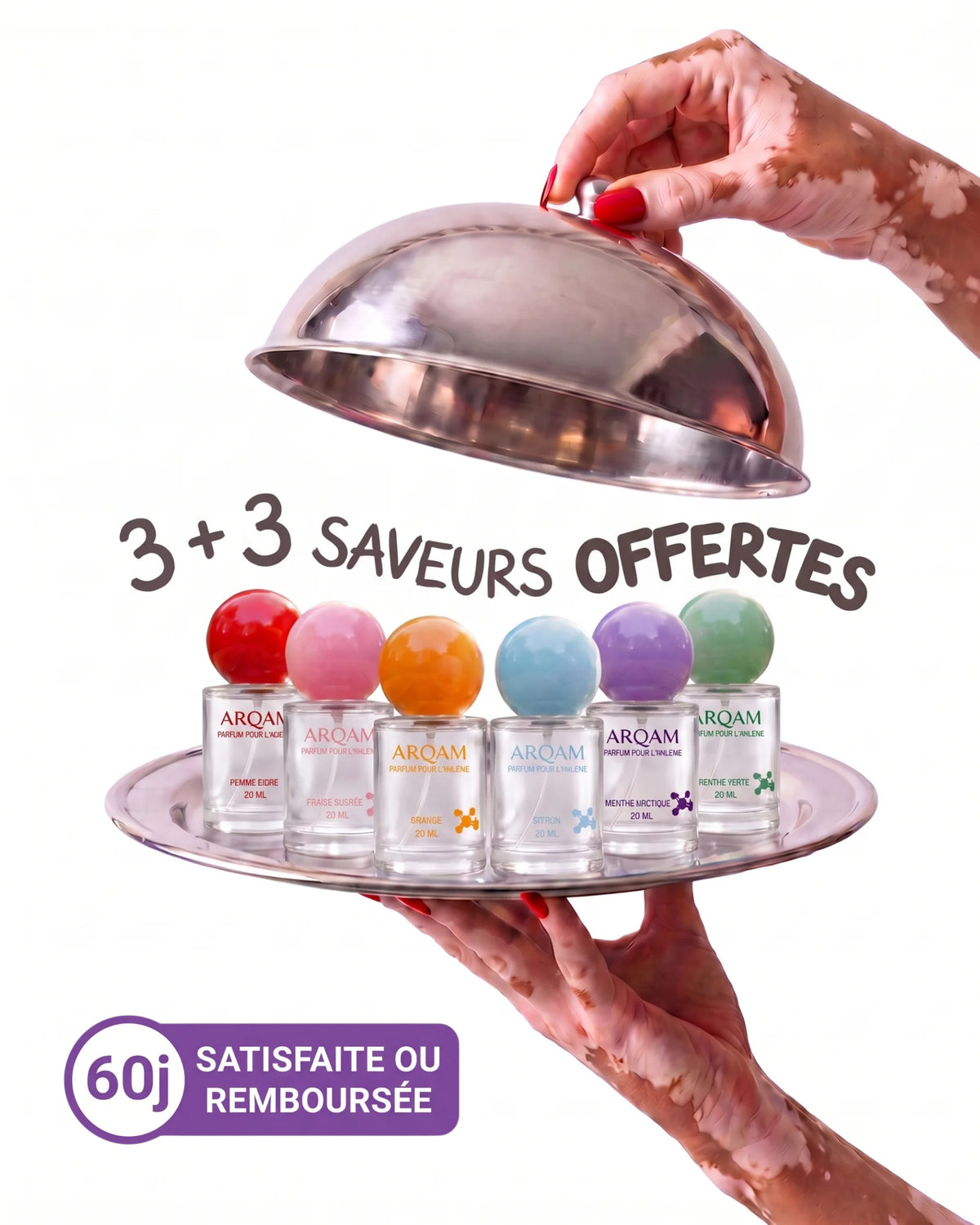 3 + 3 saveurs offertes, 60 jours satisfaite ou remboursée — 6 flacons ARQAM Parfum pour l'Haleine présentés sous cloche