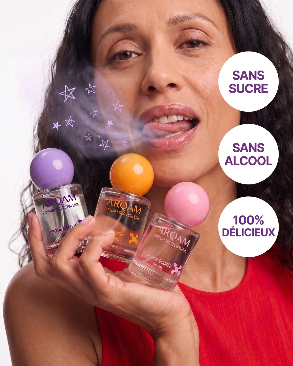 Sans sucre, sans alcool, 100 % délicieux — femme goûtant le Parfum pour l'Haleine ARQAM, 3 flacons en main