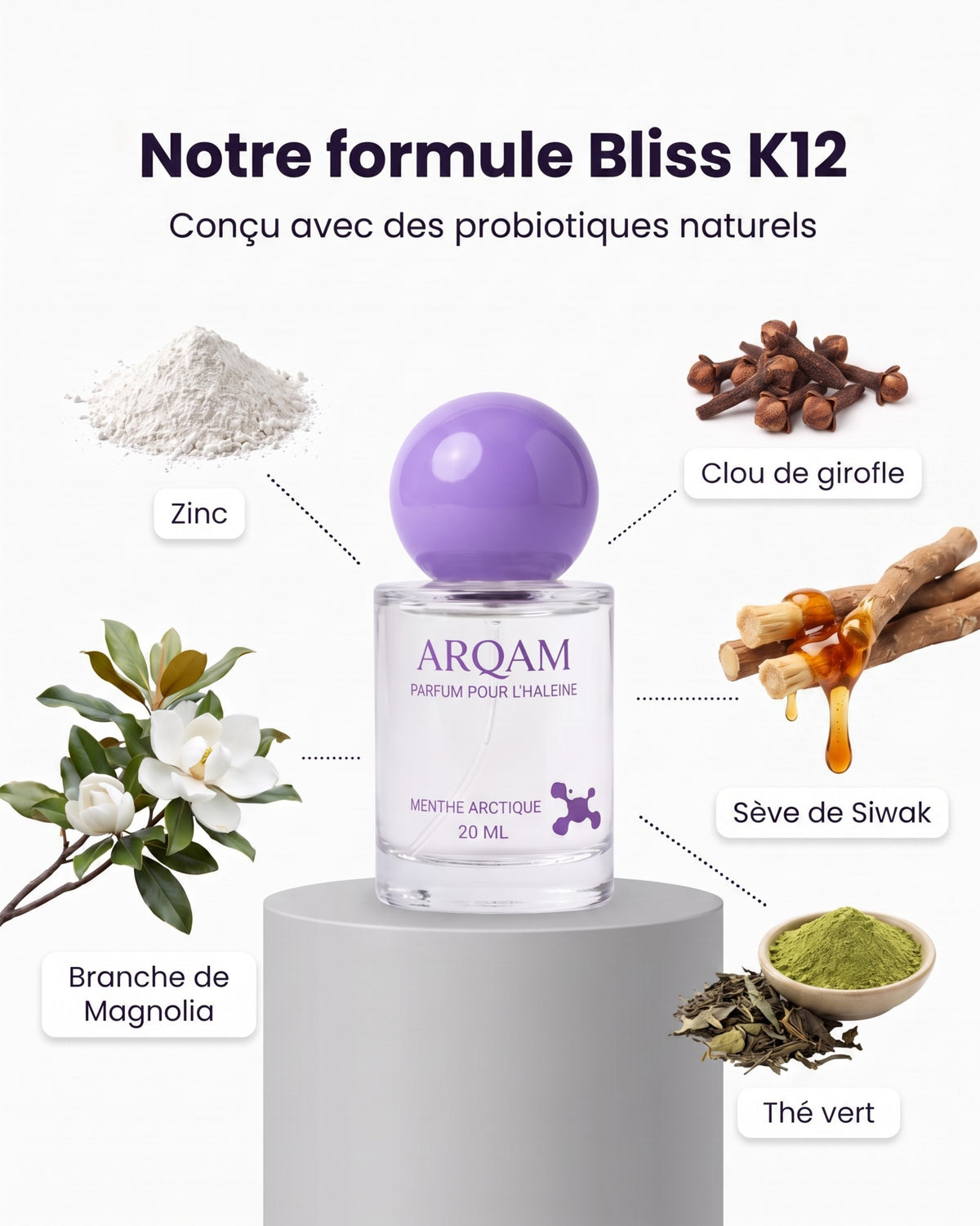 Notre formule Bliss K12 conçue avec des probiotiques naturels : zinc, clou de girofle, sève de siwak, thé vert, branche de magnolia