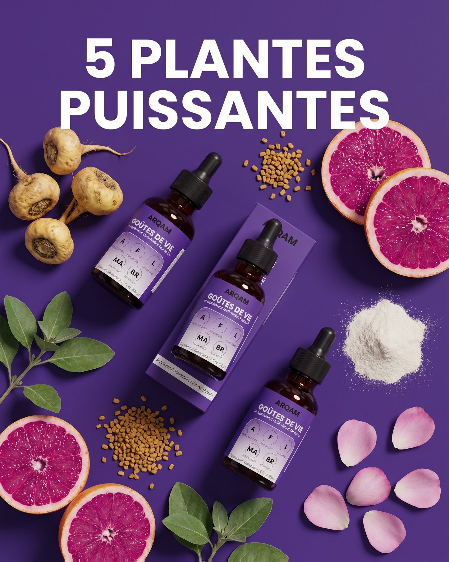 Les 5 plantes de la formule — flatlay