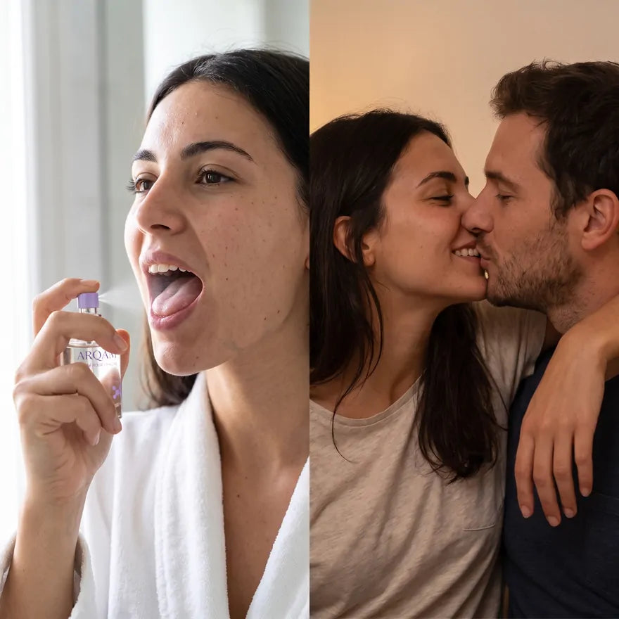 Avant / après : elle vaporise le parfum pour l'haleine sur sa langue, puis elle embrasse son mari