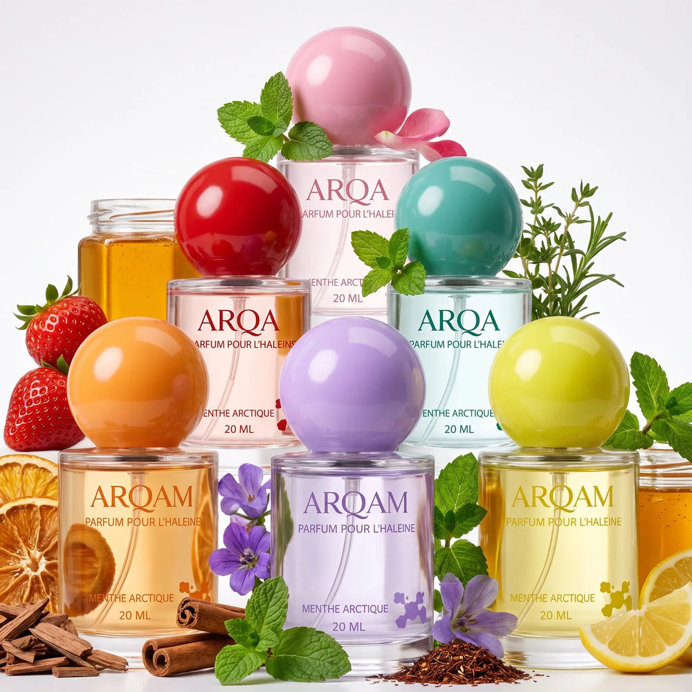 Les sept flacons color&eacute;s du Parfum pour l&rsquo;Haleine ARQAM, entour&eacute;s de fraise, menthe, agrumes et miel